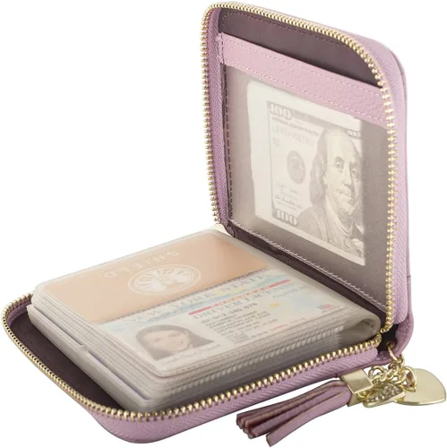 Vista 2 de Cartera con tarjetero RFID para tarjetas de crédito, de cuero, con cremallera, para mujer, 40 ranuras para tarjetas, Púrpura, Compacto
