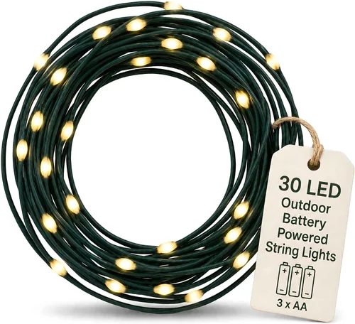 Vista 11 de Luces de Navidad al Aire Libre de QBIS - Cadena de Luces de Hadas que Funcionan con Pilas con Pequeñas LED Blancas Cálidas, Cable Verde
