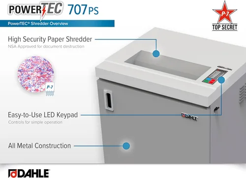 Vista 4 de Dahle PowerTEC 707 PS Paper Shredder, P-7 Super Micro Cut, NSA/CSS 02-01 for Top-Secret Documents, Jam Protection, Auto Oiler, 3.5 HP, 11 Sheet Max