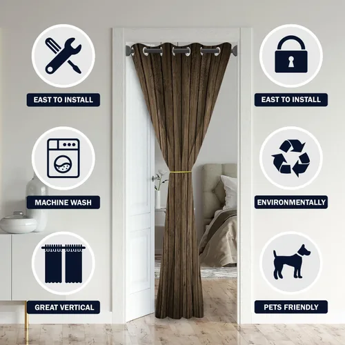 Vista 3 de Cortinas de puerta de panel de madera marrón para puertas, decoración de pared rústica de granja, cortina opaca para armario de dormitorio de niños