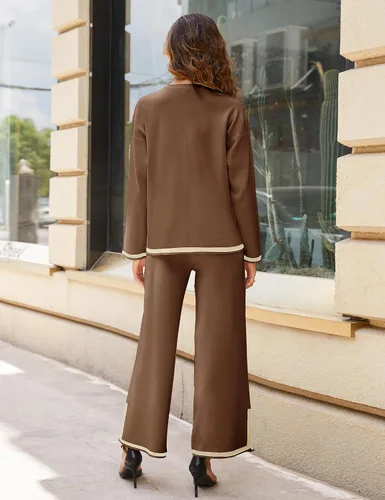 Vista 4 de SCUSTY Conjunto de suéter de 2 piezas para mujer, conjunto de suéter de manga larga de punto, pantalones de pierna ancha, conjuntos de descanso