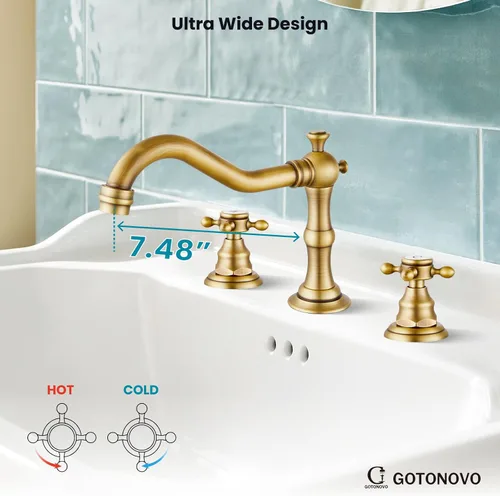 Vista 3 de gotonovo Grifo de baño de 3 agujeros y 8 pulgadas, grifo de lavabo de baño extendido, 2 asas cruzadas, grifo mezclador vintage con drenaje Latón