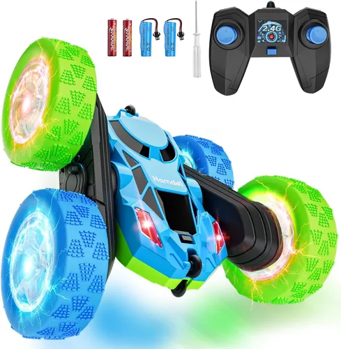 Vista 25 de Hamdol Auto de control remoto para niños, auto de acrobacias RC giratorio de 360°, vehículo eléctrico 4WD de doble cara con luces LED, autos de Azul