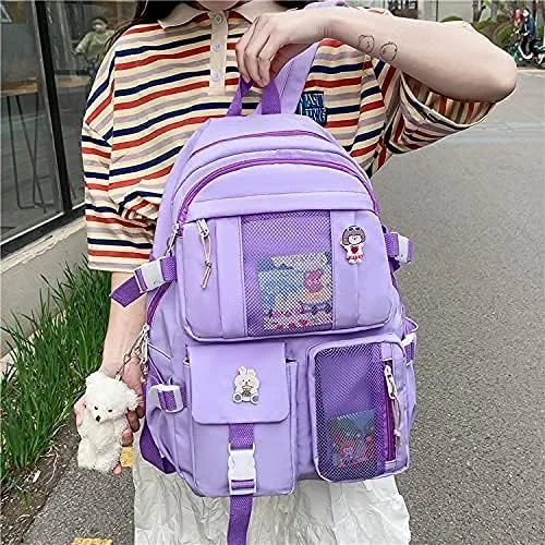 Vista 3 de Mochila Kawaii con colgante de oso, lona estética para estudiantes, bolsa de hombro casual, mochila de regreso a clases, Morado, L, Mochilas tipo