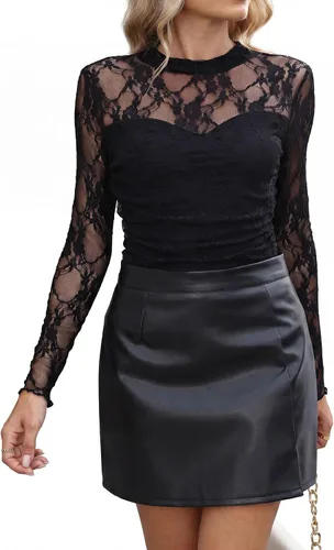 Vista 36 de Camisas de manga larga de malla sexy para mujer, ropa de moda, cuello de tortuga, drapeada, para salir, trajes de otoño, blusas ajustadas Negro