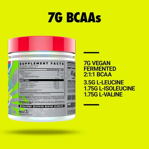 Vista 3 de GHOST BCAA - Suplemento de aminoácidos en polvo, frambuesa azul, 30 porciones, sin azúcar, aminopolvo para después del entrenamiento y bebida