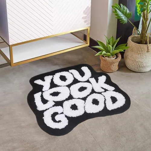 Vista 5 de Alfombra de baño negra con texto en inglés "You Look Good", alfombra de baño divertida, bonita, antideslizante, de microfibra, de felpa, pequeña