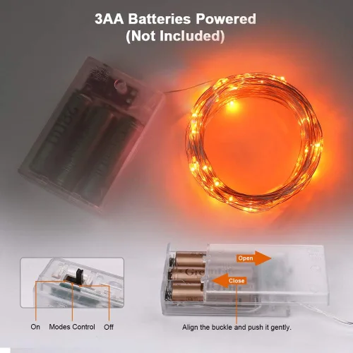 Vista 8 de BrizLabs Luces naranjas de Halloween, paquete de 4 luces LED de 19.47 pies, 60 luces LED naranjas, 2 modos de batería, cadena de luces de Halloween