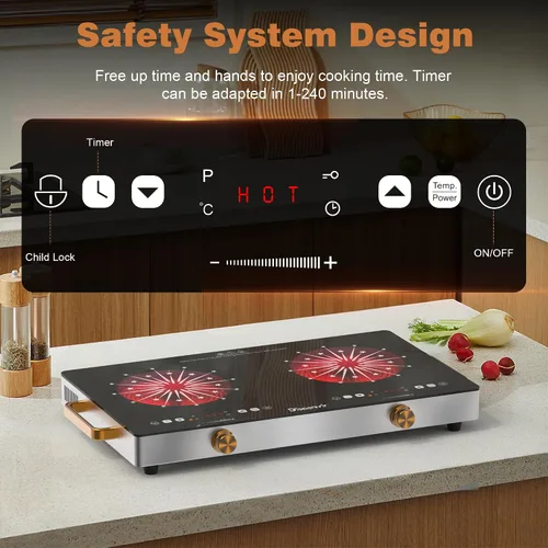 Vista 4 de Placa eléctrica de 2 quemadores con mango de 110 V, 2000 W Shard Power 24 Inch Ceramic Stove Top Countertop Burner, Knob and Touch Control with