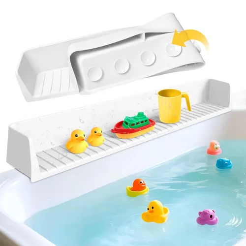 Vista 8 de Protector contra salpicaduras para bañera para niños, protector contra salpicaduras de bañera de silicona con 11 ventosas, estante de juego