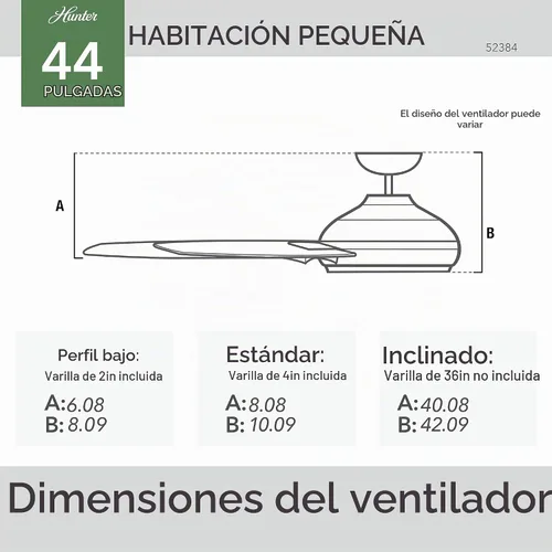 Vista 7 de Hunter Presto, ventilador de techo, para interiores, sin luz, moderno, 44 pulgadas, gris paloma