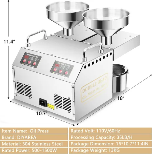 Vista 2 de Máquina de prensa de aceite de 1500 W con salidas de aceite dobles, extractor automático de expulsor de aceite comercial de acero inoxidable