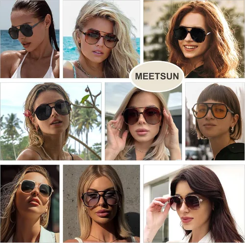 Vista 2 de MEETSUN Lentes de sol estilo aviador retro de gran tamaño para mujeres y hombres, cuadrados, de los años 70, estilo vintage