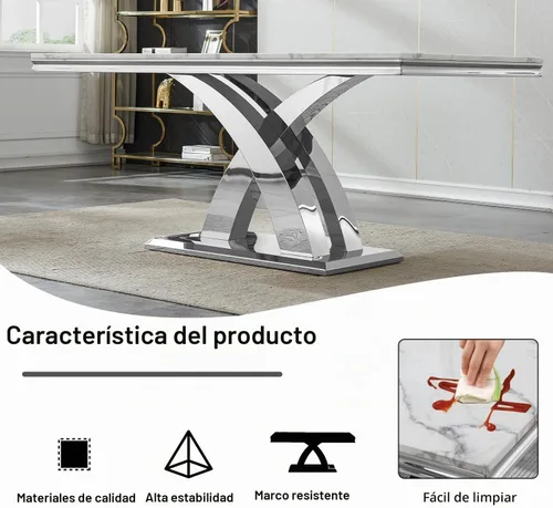 Vista 5 de Henf Mesa de comedor de mármol sintético de 68 pulgadas para 4-6 personas, mesa rectangular moderna con parte superior de mármol blanco y base
