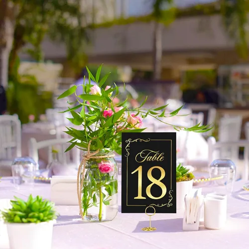 Vista 4 de JOYIT 21 juegos de tarjetas de mesa de boda del 1 al 20 y de la mesa principal con 21 soportes de números de mesas, tarjetas de números de oro negro