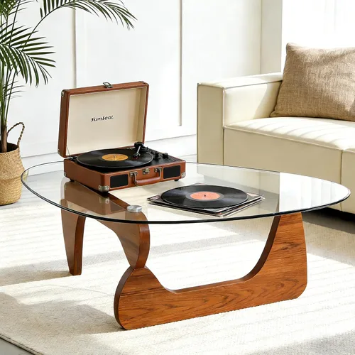 Vista 6 de Mesa de centro para sala de estar, mesa de centro pequeña con parte superior de vidrio templado triangular y patas de madera, mesas de centro