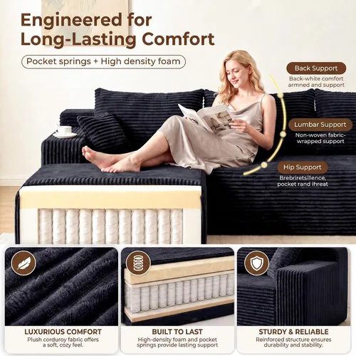 Vista 8 de Sofá modular modular en forma de L de 115 pulgadas con diván, sofá deshuesado con asiento profundo y otomana extraíble, cómodo sofá nube de pana