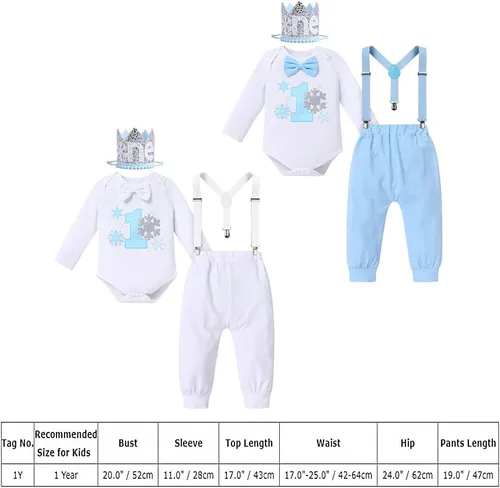 Vista 7 de IBTOM CASTLE Traje de invierno para bebé niño con copos de nieve para primer cumpleaños, mameluco con estampado de pastel y pantalones largos