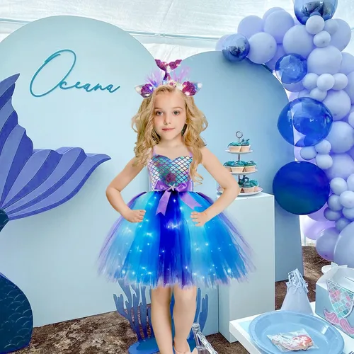 Vista 8 de Girls Mermaid Tutu Dress for Birthday Party, LED Light Up Halloween Mermaid Outfit Dress Up Dress with Headband