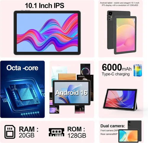 Vista 2 de Tableta de 10 pulgadas Android 15 Tablets con estuche 20GB (4+16) RAM+128GB ROM, 6000mah Batería 10 en Android Tableta, 2MP+8MP Cámara dual 10.1