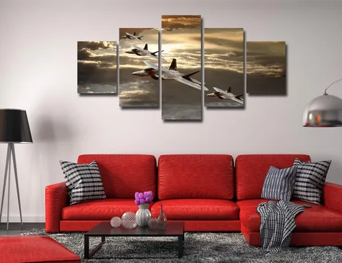 Vista 2 de Imágenes de aviones militares estadounidenses F-22 Raptor, pinturas artísticas de pared para sala de estar, 5 piezas, arte de lienzo estirado