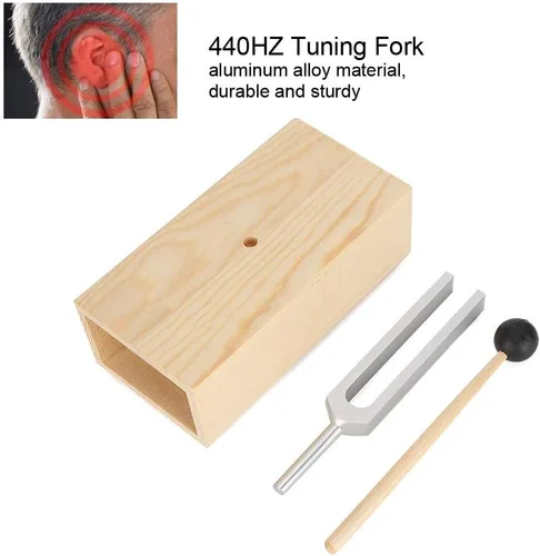 Vista 5 de Diapasón, martillo de diapasón, diapasón de afinación 440Hz, herramientas de percusión, martillo de madera, herramienta de sonido. Estante