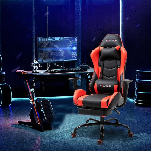 Vista 2 de Silla de masaje para juegos con reposapiés, silla de carreras de video, silla de computadora con respaldo alto, silla de computadora reclinable