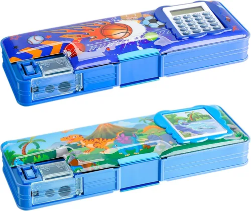 Vista 9 de Henoyso Estuche multifuncional de 2 piezas con calculadora para niñas, bonita caja de lápices de plástico con sacapuntas, bolsa para bolígrafos