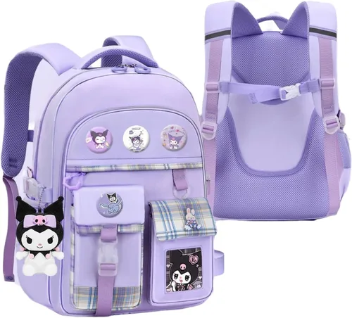 Vista 4 de HAPIKI Mochila Kawaii con accesorios lindos para jardín de infantes con lindo pin Kuromi mochila de felpa Sanrio, Púrpura