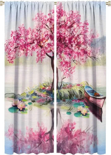Vista 29 de Cortinas opacas con diseño floral de galaxia azul abstracta para dormitorio, cortinas de ventana de teñido anudado con diseño de flor de cerezo