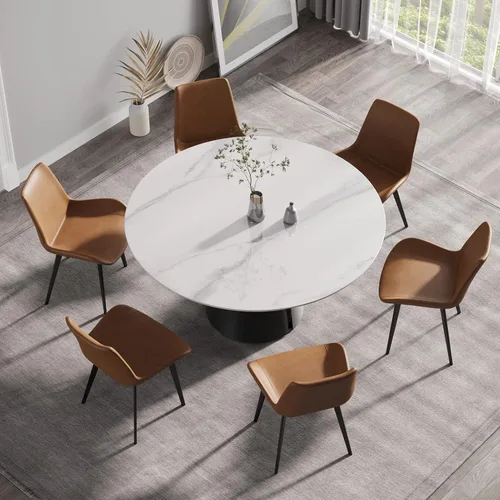 Vista 3 de Mesa de comedor moderna de 59.05 pulgadas para 8, mesa de comedor con piedra sinterizada blanca y base de acero al carbono negro, mesa de cocina