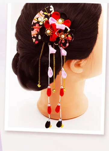 Vista 4 de CRB Fashion Kimono tradicional Tsumami Kanzashi para mujer y niña, traje de boda japonés, asiático, Yukata, lazo para el cabello, floral, abanico