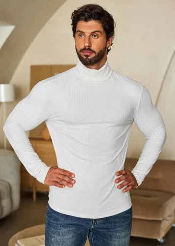 Vista 7 de COOFANDY Camisetas de manga larga con cuello alto para hombre, ajustadas, acanaladas, básicas, suéter de punto ligero