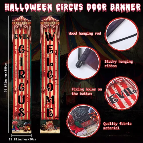 Vista 3 de WovWeave 3 piezas de decoraciones espeluznantes de carnaval de Halloween incluyen 2 carteles de circo malvado para porche y taquilla de boletos