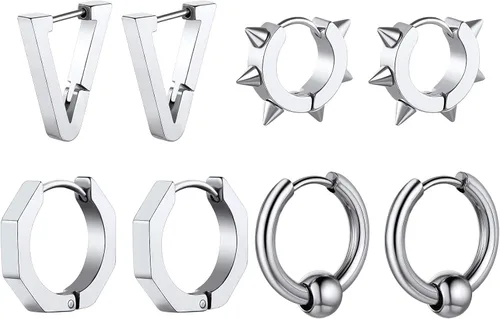 Vista 9 de ChainsHouse Huggie Hoop Earrings for Men Women, Stainless Steel A: Aro de cuentas (1 par) - Plata