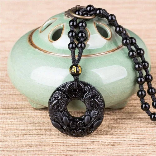 Vista 5 de Colgante valiente de obsidiana natural, cierre seguro, collar de dragón y fénix, estela de dragón chino de piedra tallada, colgante de unicornio