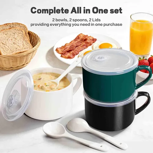 Vista 3 de Tazones de sopa con asas y cucharas, cuenco de cerámica para ramen de 30 onzas con tapa, tazas grandes para fideos instantáneos, cuencos grandes