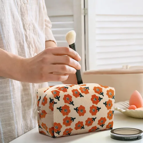 Vista 4 de Photect Juego de 3 bolsas de maquillaje floral para bolso, bolsa de lona de pana, pequeña bolsa de cosméticos para mujeres, mini artículos