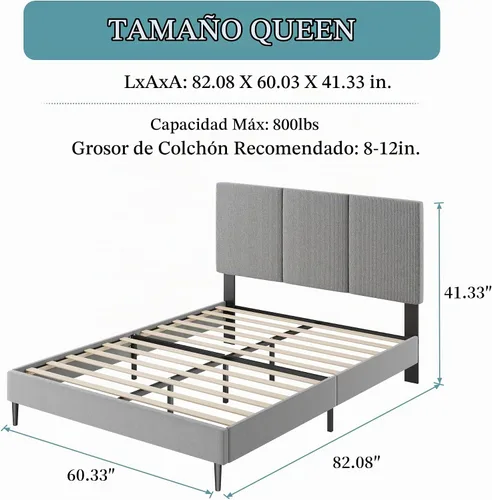 Vista 2 de IOILORI Base de cama tamaño Queen con cabecera tapizada, listones de madera resistentes, no requiere somier, silencioso, fácil montaje, gris