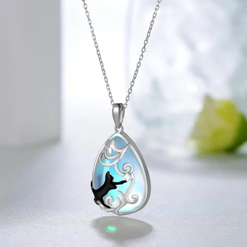 Vista 2 de CVRAVO Collar de gato negro para mujer, plata de ley 925, piedra lunar, gato negro, regalo de joyería para mujeres y niñas amantes de los gatos