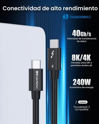 Vista 2 de Cable Matters [Certificado Intel] Cable Thunderbolt 4 de 40 Gbps, 1 pie/1.0 ft Negro