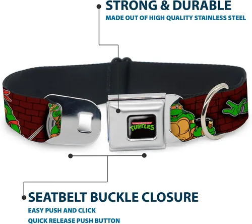 Vista 4 de Buckle-Down Collar de perro con hebilla de cinturón de seguridad, posturas clásicas de batalla TMNT/pose grupal, 7, 1 pulgada de ancho, se adapta a