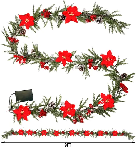 Vista 2 de DR.DUDU Guirnalda de Navidad artificial preiluminada de 9 pies con 30 luces LED, alimentada por baterías con conos de pino, bayas rojas, agujas