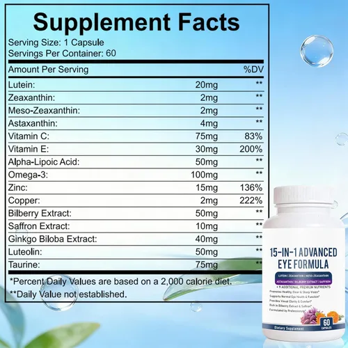 Vista 2 de Fórmula avanzada 15 en 1 para ojos – Suplemento de vitaminas y minerales para los ojos con luteína, zeaxantina, extracto de zinc y arándano, apoyo