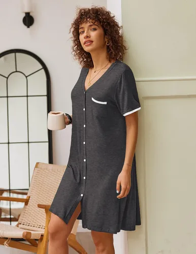 Vista 3 de Ekouaer Camisones para mujer, pijamas con botones, manga corta, cuello en V, ropa de dormir S-3XL