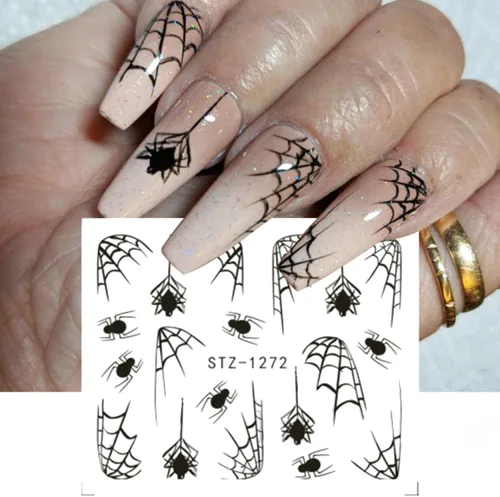 Vista 6 de Calcomanías de arte de uñas de Halloween, calcomanías de transferencia de agua, 12 unidades, calabaza, esqueleto, araña, fantasma, hoja de arce