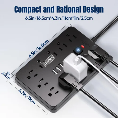 Vista 4 de JouleLoom Tira de alimentación con protector contra sobretensiones de enchufe plano de 6 pies, 11 tomas de corriente alterna con 6 puertos USB