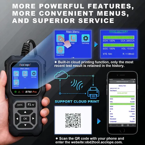 Vista 9 de BT60 Pro Probador de Batería de Coche, Analizador Digital con Impresión en la Nube, Verificador de Batería de 6V/12V/24V para AGM, Litio