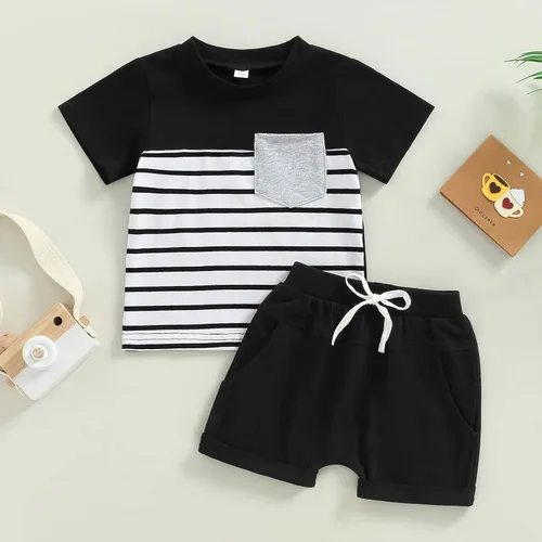 Vista 31 de Conjunto de traje de verano para bebé niño pequeño, manga corta, cuello redondo, letras impresas, lindo traje de verano, conjunto de 2 piezas