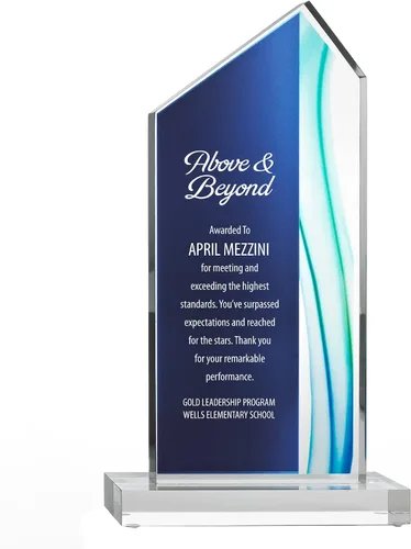 Vista 7 de Trofeo grabado – Acrílico azul – Forma rectangular – Acentos de rayas de colores – Grabado personalizado – Premio para empleados Rectángulo